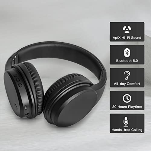 Olyre Wireless Bluetooth Headphones Over Ear with Microphone, 30H Playtime Hi-Fi Stereo Audio with Soft Protein Earmuffs for Travel Home Office Black