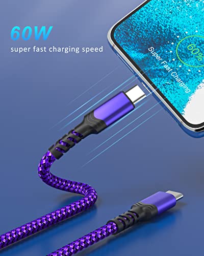 USB C to USB C Cable 10ft,Besgoods USB Type C Charger Fast Charging 60W 3A Braided Long Cord Compatible with Galaxy S23 Ultra S22 S21 S20 A53 iPad Pro Mini6 Air5 MacBook Pixel 7-Purple,Green,Blue,Pink