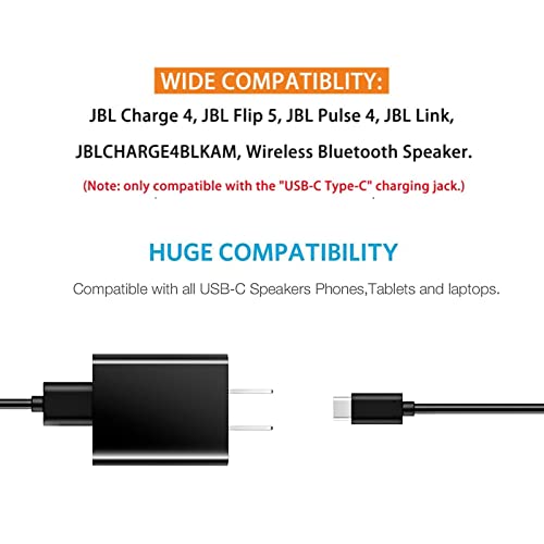 5ft USB Type C Wall Fast Charger Charging Cable Cord Fit for JBL Charge 5 Charge 4, JBL Flip 5 Flip 6, JBL Clip 4 Pulse 4 Pulse 5,JRPOP, Endurance Peak II,GO 3 Wireless Bluetooth Speakers Earbuds