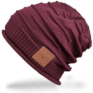 mydeal wireless bluetooth beanie hat headphones headsets music audio cap with speakers mic hands free for women men outdoor sports,compatible with iphone 7/7 plus,samsung – burgundy