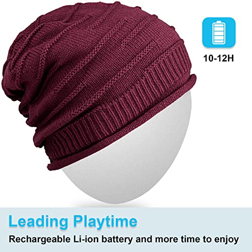 Mydeal Wireless Bluetooth Beanie Hat Headphones Headsets Music Audio Cap with Speakers Mic Hands Free for Women Men Outdoor Sports,Compatible with iPhone 7/7 Plus,Samsung - Burgundy