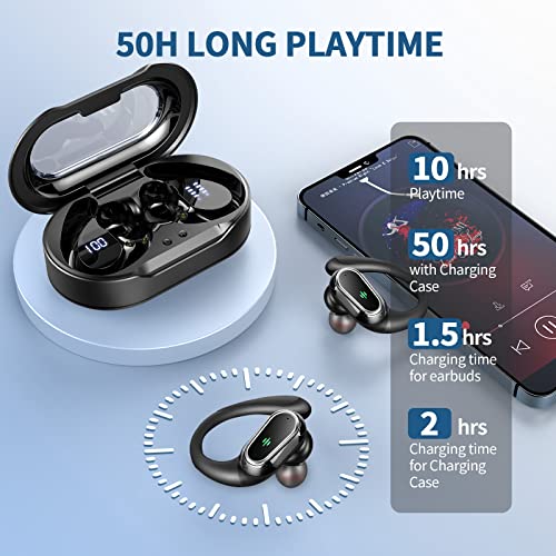 Wireless Earbuds Headphones Bluetooth 5.3, 50Hrs Playtime with LED Display, Over Ear Buds Noise Cancelling Mic, Stereo Bass Bluetooth Earbuds with Earhooks, IP7 Waterproof Earphones for Sports Workout