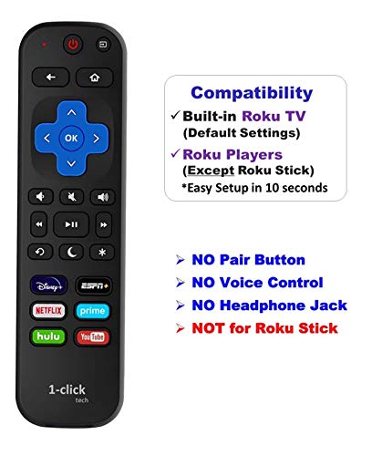 1-clicktech for【Roku TV & Roku Box】 Remote Control - TCL Hisense ONN Sanyo Sharp Hitachi Element Insignia Westinghouse LG JVC Magnavox Roku TV, w/ 12 Opt. Channels [NOT for Stick] (2 Pack Remote)