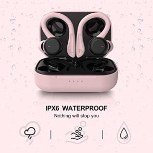Pink Over the Ear Wireless Earbuds with Earhooks Bluetooth Earbuds with Ear Hook Workout Running Sport Headphones Waterproof Ear Buds Small Mini Earphones Noise Cancelling Headset with Microphone