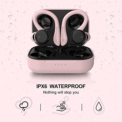 Pink Over the Ear Wireless Earbuds with Earhooks Bluetooth Earbuds with Ear Hook Workout Running Sport Headphones Waterproof Ear Buds Small Mini Earphones Noise Cancelling Headset with Microphone