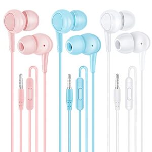 wired earbuds with microphone pack of 3, noise isolating wired headphones, earphones with powerful heavy bass stereo, compatible with android, iphone, ipad, laptops, mp3 and most 3.5 mm interface