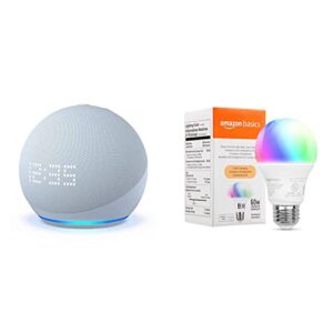 echo dot (5th gen) with clock| cloud blue with amazon basics smart color bulb