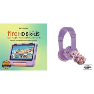 all-new fire hd 8 kids tablet bundle. includes fire hd 8 kids tablet | purple & made for amazon playtime volume limiting bluetooth kids headphones age (3-7) | purple
