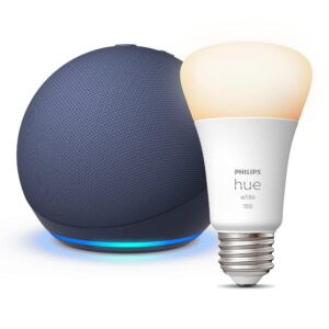 all-new echo dot (5th gen, 2022 release) | smart speaker with alexa | deep sea blue + philips hue white a19 medium lumen smart bulb, 1100 lumens