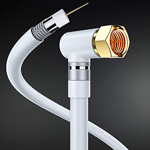 Coaxial Cable RG6, with a Right Angle 90° Connector, 1.5 ft, Coax Cable F-Type Triple Shielded Coax Cable 1.5 Feet (White)