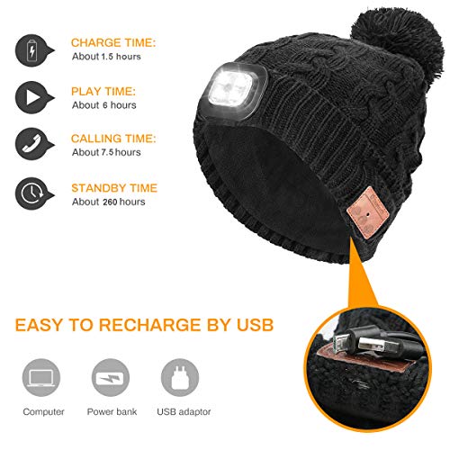 Number-one Wireless Beanie Hat with LED Headlight Handsfree Winter Warm Bluetooh Beanies Wireless Headphones Headset 5.0 Rechargeable Unisex Knitted Musical Cap for Running Skiing Camping Cycling