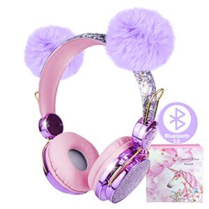 kids headphones, wireless headphones for kids pom pom bear ear bluetooth headphones with adjustable headband, over on ear headset w/mic for girls/school/kindle/tablet/birthday xmas gift