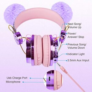 Kids Headphones, Wireless Headphones for Kids POM POM Bear Ear Bluetooth Headphones with Adjustable Headband, Over On Ear Headset w/Mic for Girls/School/Kindle/Tablet/Birthday Xmas Gift