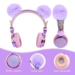 Kids Headphones, Wireless Headphones for Kids POM POM Bear Ear Bluetooth Headphones with Adjustable Headband, Over On Ear Headset w/Mic for Girls/School/Kindle/Tablet/Birthday Xmas Gift