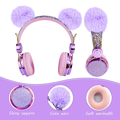 Kids Headphones, Wireless Headphones for Kids POM POM Bear Ear Bluetooth Headphones with Adjustable Headband, Over On Ear Headset w/Mic for Girls/School/Kindle/Tablet/Birthday Xmas Gift