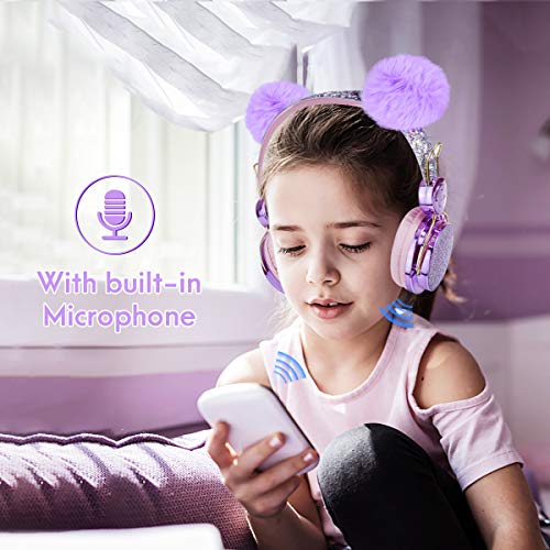 Kids Headphones, Wireless Headphones for Kids POM POM Bear Ear Bluetooth Headphones with Adjustable Headband, Over On Ear Headset w/Mic for Girls/School/Kindle/Tablet/Birthday Xmas Gift
