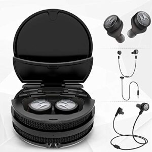 Motorola Tech3 3-in-1 Smart True Wireless Headphones - Cordless Earbuds, Sport Wire, Audio Plug-in - IPX5, Built-in Microphone, Magnetic Charging Case with Cable Storage System - Titanium Black