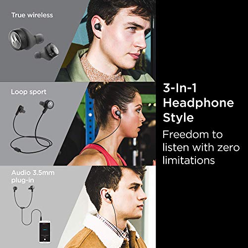 Motorola Tech3 3-in-1 Smart True Wireless Headphones - Cordless Earbuds, Sport Wire, Audio Plug-in - IPX5, Built-in Microphone, Magnetic Charging Case with Cable Storage System - Titanium Black