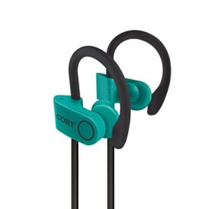 coby bluetooth headphones, running headphones w/5 hrs playtime, wireless sports earphones sweatproof earbuds in-ear for workout, gym, w/microphone (turquoise)
