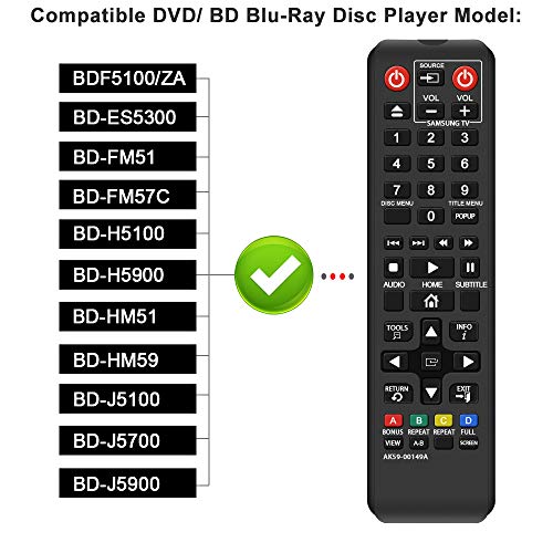 Gvirtue AK59-00149A Remote Replacement for Samsung DVD BD Blu-Ray Disc Player Remote, Applicable BDF5100/ZA BD-ES5300 BD-FM51 BD-FM57C BD-H5100 BD-H5900 BD-HM51 BD-HM59 BD-J5100 BD-J5700 BD-J5900