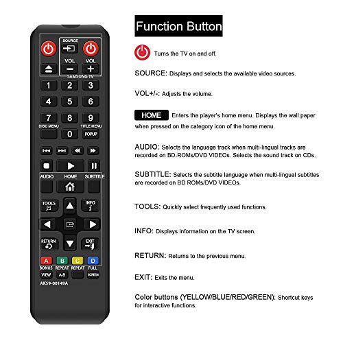 Gvirtue AK59-00149A Remote Replacement for Samsung DVD BD Blu-Ray Disc Player Remote, Applicable BDF5100/ZA BD-ES5300 BD-FM51 BD-FM57C BD-H5100 BD-H5900 BD-HM51 BD-HM59 BD-J5100 BD-J5700 BD-J5900