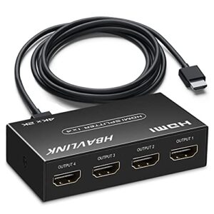 hdmi splitter 1 in 4 out 4k, hbavlink 4 port hdmi splitter powered video splitter 4 outputs w/hdmi cord+ ac adapter, duplicate/mirror screens for fire stick/roku/directv/cable box/security cameras