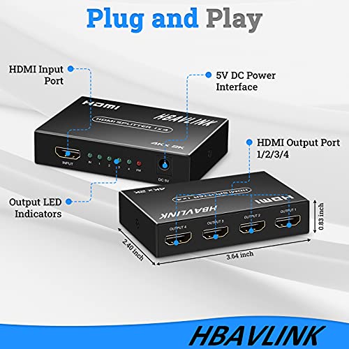 HDMI Splitter 1 in 4 Out 4K, HBAVLINK 4 Port HDMI Splitter Powered Video Splitter 4 Outputs w/HDMI Cord+ AC Adapter, Duplicate/Mirror Screens for Fire Stick/Roku/DirecTV/Cable Box/Security Cameras