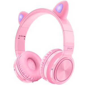 picun cat ear bluetooth headphones 40 hours playtime with romantic led light up, over ear girls wireless headphones with hd mic, foldable, soft memory earmuff, for pc/tablet/school kids adults – pink