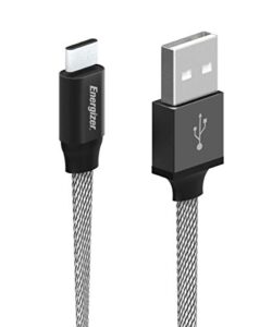 energizer android charger usb to usb c typec 3.0 cable 4ft fast charging syncing mesh cord type c metal tip, silver black 4 feet