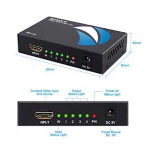 Movcle HDMI Splitter 1 in 4 out Full Ultra HD 1080P 4K/2K 1X4 Port Box Hub with US Adapter v1.4 Powered Certified for 3D Support