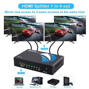 Movcle HDMI Splitter 1 in 4 out Full Ultra HD 1080P 4K/2K 1X4 Port Box Hub with US Adapter v1.4 Powered Certified for 3D Support