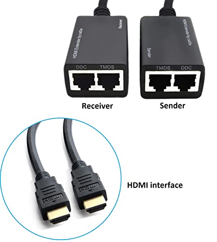 HDMI Extender Over Cat5e/6, RJ45 Ethernet Splitter to HDMI 2 Ports Network Adapter 2 Pack, Support 1080p UP to 30m/98ft Video and Audio for HDTV HDPC PS4 STB