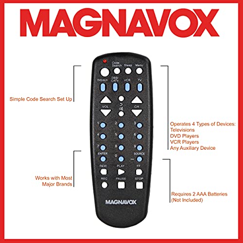 Magnavox MC345 4 in 1 Universal Remote Control | Control Up to 4 Devices with 1 Remote | Works with Most Major Brands | Works with TV, DVD, VCR and Satellite |