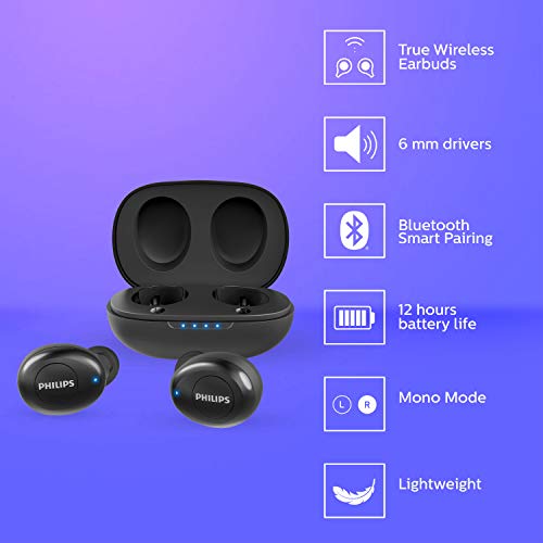 Philips UpBeat UT102 True Wireless in-Ear Earbuds Bluetooth 5.0 Headphone, TWS Stereo with 3+9 Hours Playtime, Multifunction Button + Smart Pairing (TAUT102BK)