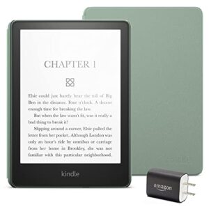 kindle paperwhite essentials bundle including kindle paperwhite (16 gb) – agave green – without lockscreen ads, – leather cover – agave green, and power adapter