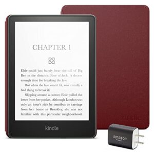 kindle paperwhite essentials bundle including kindle paperwhite (16 gb) – agave green – without lockscreen ads, – leather cover – merlot, and power adapter