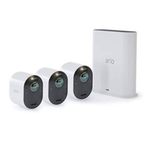 arlo ultra – 4k uhd wire-free security 3 camera system | indoor/outdoor with color night vision, 180° view, 2-way audio, spotlight, siren | compatible with alexa and homekit | (vms534) (renewed)