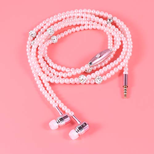 UKCOCO in-Ear Eardphones with Mic - in-Ear Headset with Remote and Mic Hands-Free Wired Pearls Chain Universal Earphone for Girls Women Student (Pink)