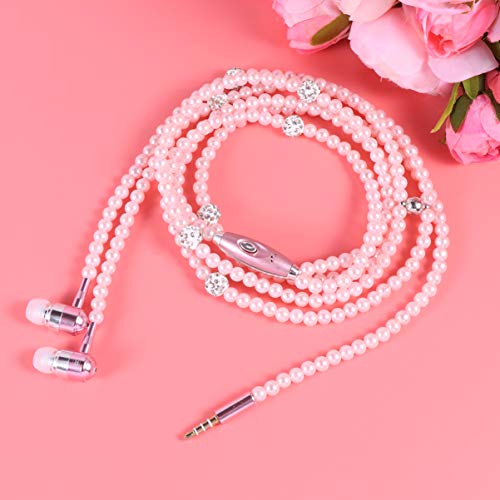 UKCOCO in-Ear Eardphones with Mic - in-Ear Headset with Remote and Mic Hands-Free Wired Pearls Chain Universal Earphone for Girls Women Student (Pink)