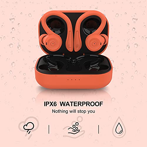 Orange Wireless Earbuds with Earhooks Bluetooth Earbuds with Ear Hook Waterproof Sport Headphones Noise Cancelling Ear Buds with Microphone Long Battery Life Earphones for Running Workout Android iOS