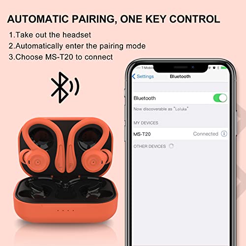 Orange Wireless Earbuds with Earhooks Bluetooth Earbuds with Ear Hook Waterproof Sport Headphones Noise Cancelling Ear Buds with Microphone Long Battery Life Earphones for Running Workout Android iOS