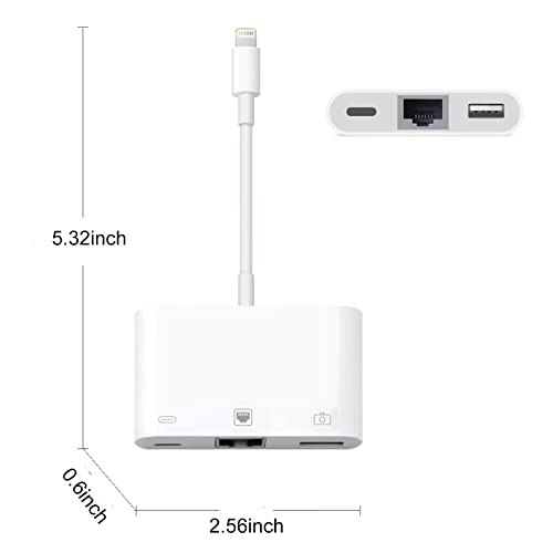Lightning to RJ45 Adapter, 3 in 1 RJ45 Ethernet LAN Network Adapter with USB Camera Adapter and Charge Port Compatible with iPhone/iPad/iPod, Plug and Play, Supports 100Mbps Ethernet Network