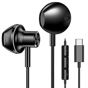 usb c earphone type-c earbuds for samsung galaxy s22 ultra wired earbuds hi-res audio headphone noise isolation deep bass stereo sound headset with mic volume control for galaxy s22 s21 fe black