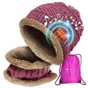 bluetooth beanie wireless hat with scarf – pink headphone beanie hat with upgraded bluetooth 5.0 – wireless beanie bluetooth hat for women – warm knitted fleece music hat – gorros con bluetooth