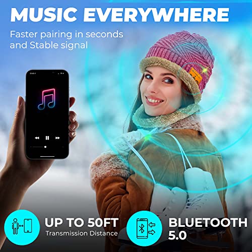 Bluetooth Beanie Wireless Hat with Scarf – Pink Headphone Beanie Hat with Upgraded Bluetooth 5.0 - Wireless Beanie Bluetooth Hat for Women - Warm Knitted Fleece Music Hat - Gorros con Bluetooth