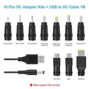 USB to DC Power Cable with 10pcs DC Barrel Jack Universal Laptop Power Adapter Tips USB 2.0 to DC 5.5x2.1mm Plug Charging Cord Kits Max 3A Compatible for Lenovo, Compatible for Asus and More