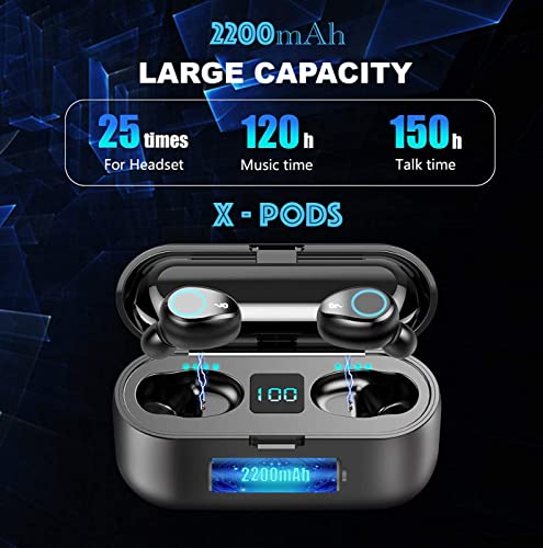 X-PODS True Wireless Earbuds Bluetooth Headphones Upgraded Touch Control with Wireless Charging Case IPX8 Waterproof Stereo Earphones in-Ear Built-in Mic Headset Premium Deep Bass for Sport Black