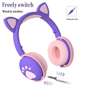 Kids Headphones, Wireless Cat Ear LED Light Up Bluetooth Headphones for Girls w/Microphone, Over On Ear Headset for School/Kindle/Tablet/PC Online Study Birthday Xmas Gift (Dark Purple)