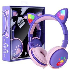 kids headphones, wireless cat ear led light up bluetooth headphones for girls w/microphone, over on ear headset for school/kindle/tablet/pc online study birthday xmas gift (dark purple)