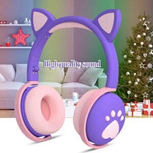 Kids Headphones, Wireless Cat Ear LED Light Up Bluetooth Headphones for Girls w/Microphone, Over On Ear Headset for School/Kindle/Tablet/PC Online Study Birthday Xmas Gift (Dark Purple)